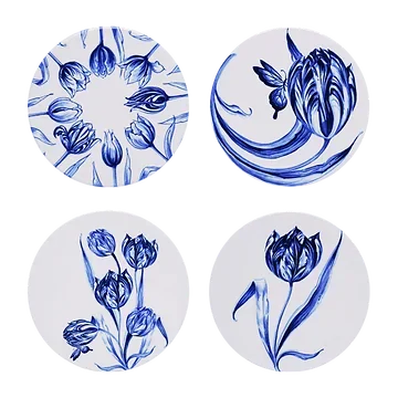 Heinen Delfts Blauw Onderzetters Vrolijke tulpen 4 stuks
