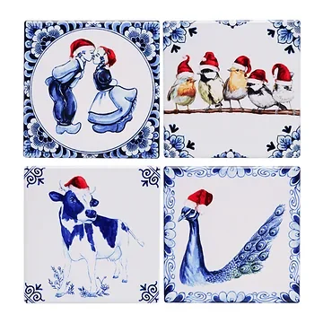 Heinen Delfts Blauw Onderzetters Kerst 4 stuks