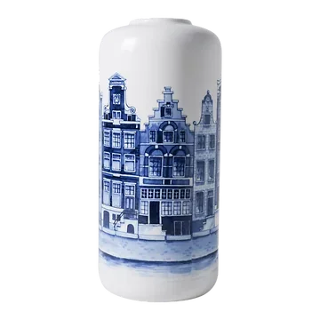 Heinen Delfts Blauw Cilindervaas Huisjes