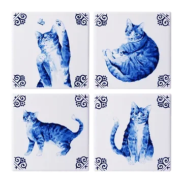 Heinen Delfts Blauw Onderzetters Lieve Kat Set van 4