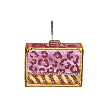 Kersthanger Koffer Luipaard Glas Roze 10.1 cm