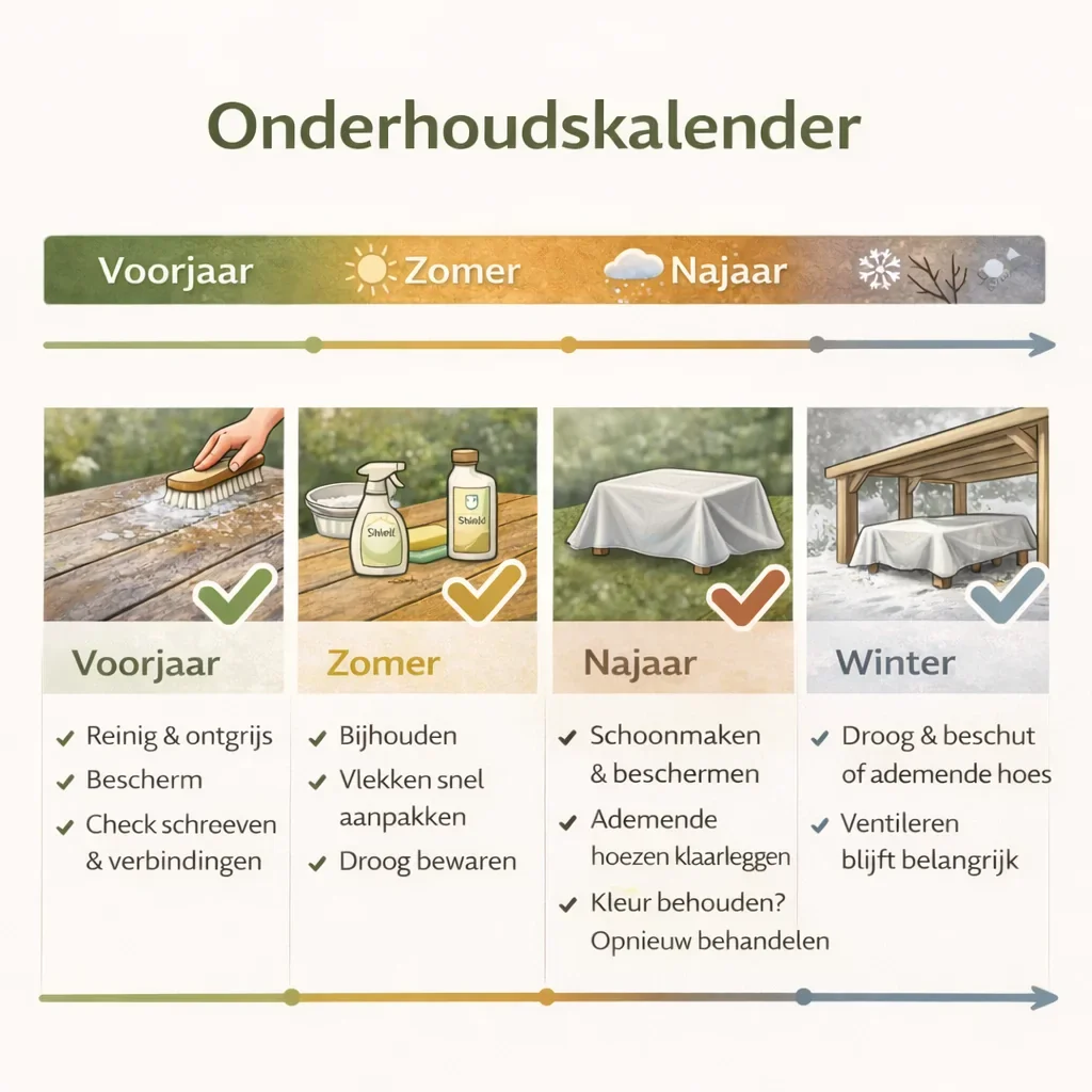 Onderhoudskalender jaarrond voor het schoonmaken van houten tuinmeubelen