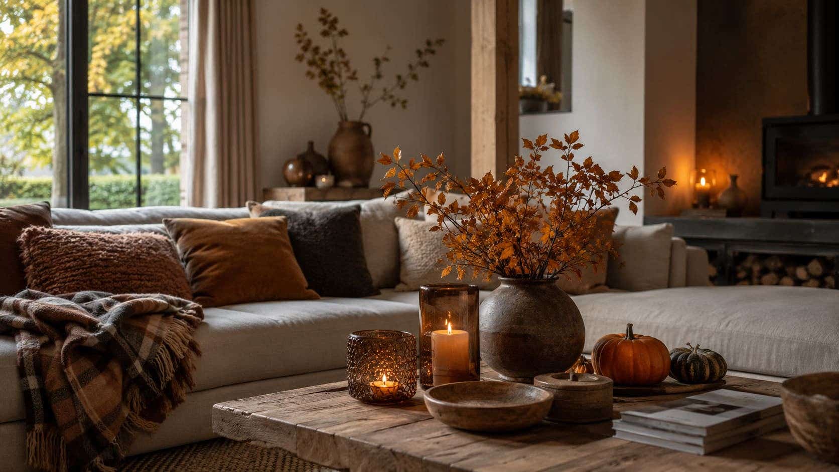 gezellige woonkamer met herfst decoratie