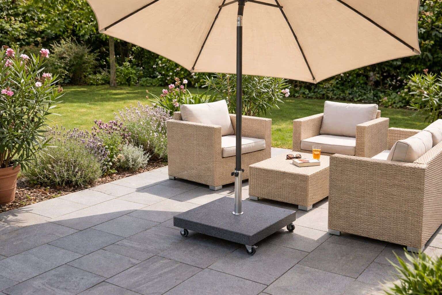Parasol in verrijdbare parasolvoet in sfeervolle achtertuin met loungeset