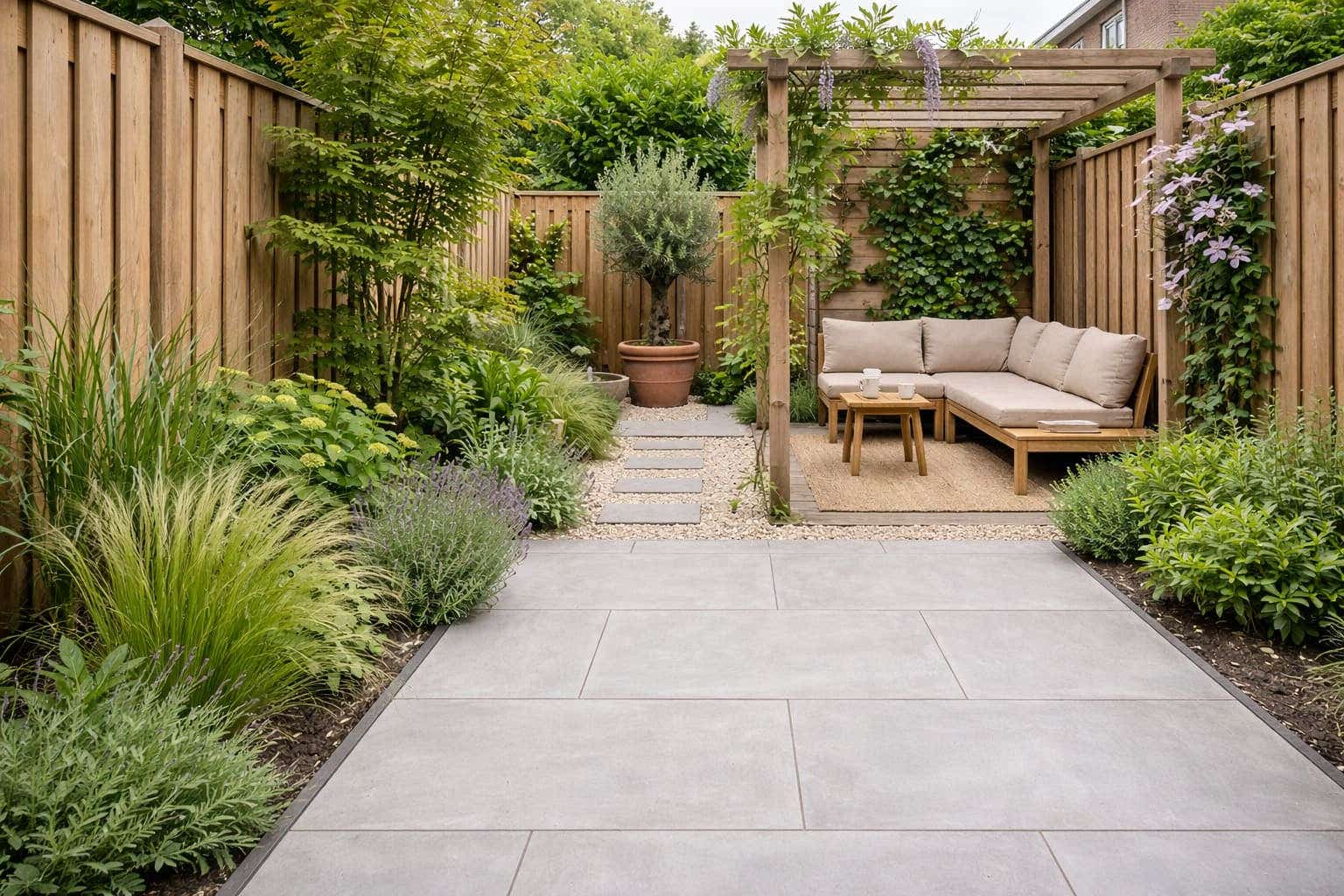 Sfeervolle kleine tuin met toepassingen om de tuin groter te laten ogen