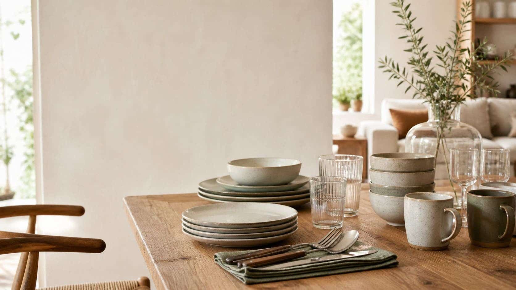 Tafel met sfeervol servies, zoals borden, kommen en glazen