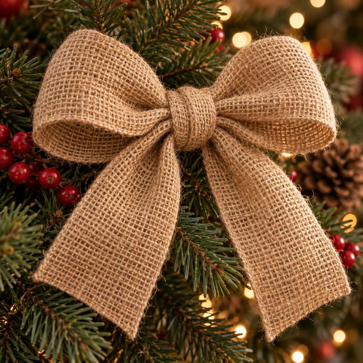 Juten strik tussen groene kersttakken