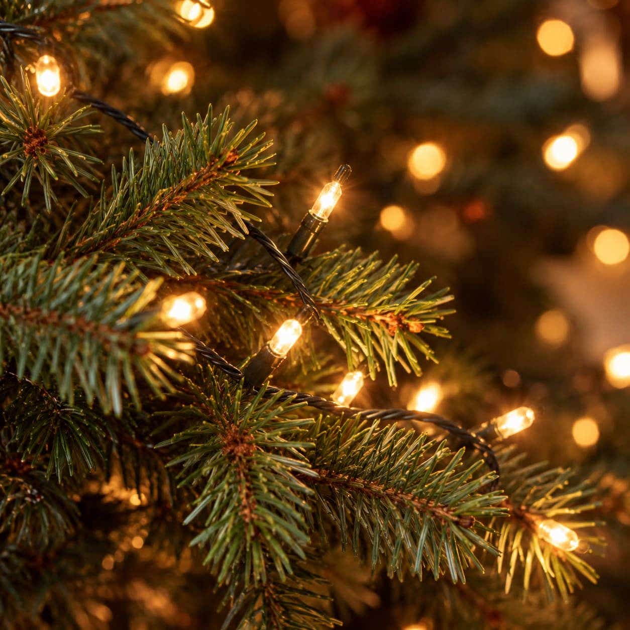 Warmwitte kerstlichtjes tussen dennentakken
